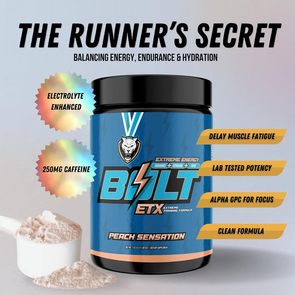 6AM Run Bolt - Pre Workout Powder for Instant Energy Boost for Cardio and Focus - No Jitters, High Energy Conditioning Formula - All Natural, Keto, Vegan (Peach Sensation)