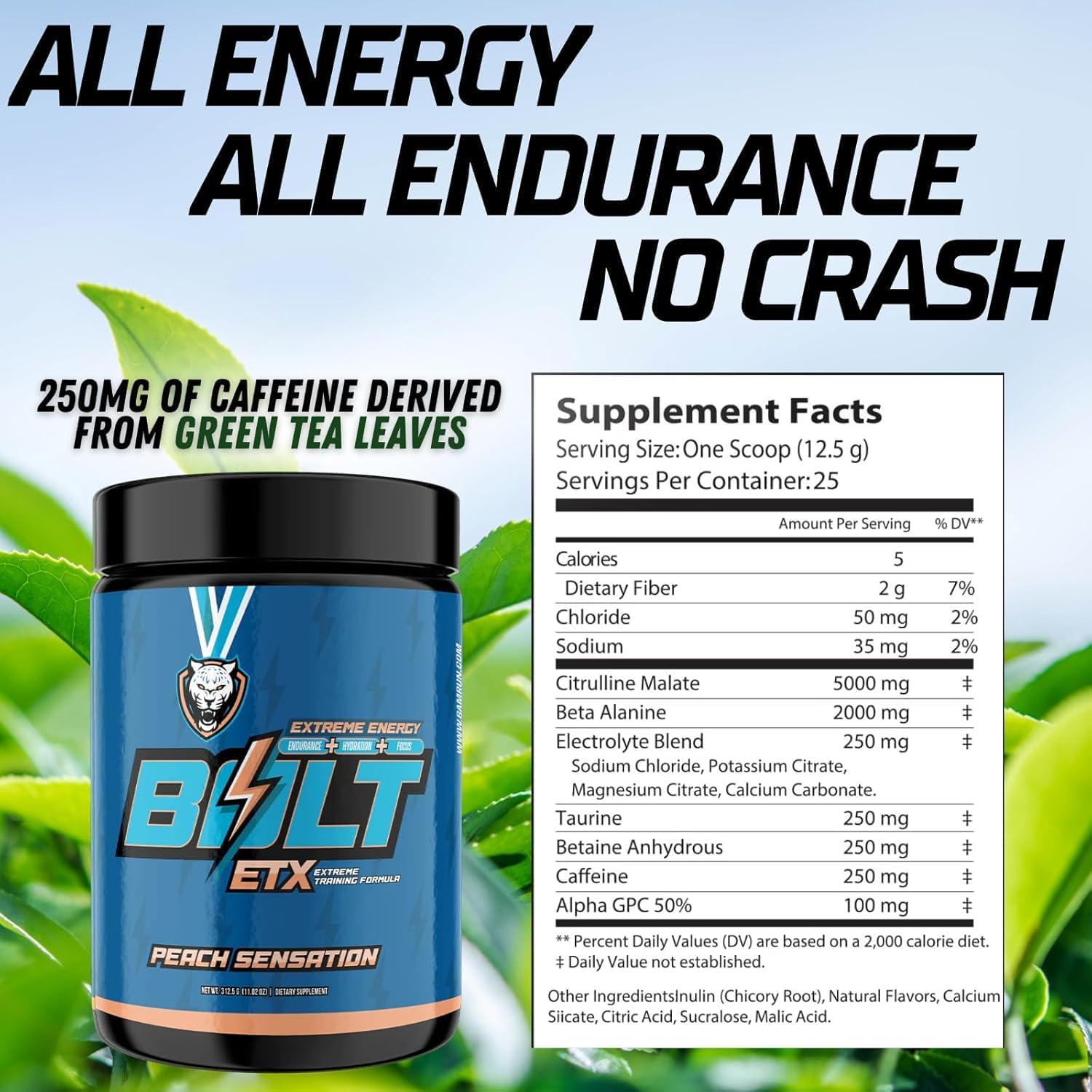 6AM Run Bolt - Pre Workout Powder for Instant Energy Boost for Cardio and Focus - No Jitters, High Energy Conditioning Formula - All Natural, Keto, Vegan (Peach Sensation)