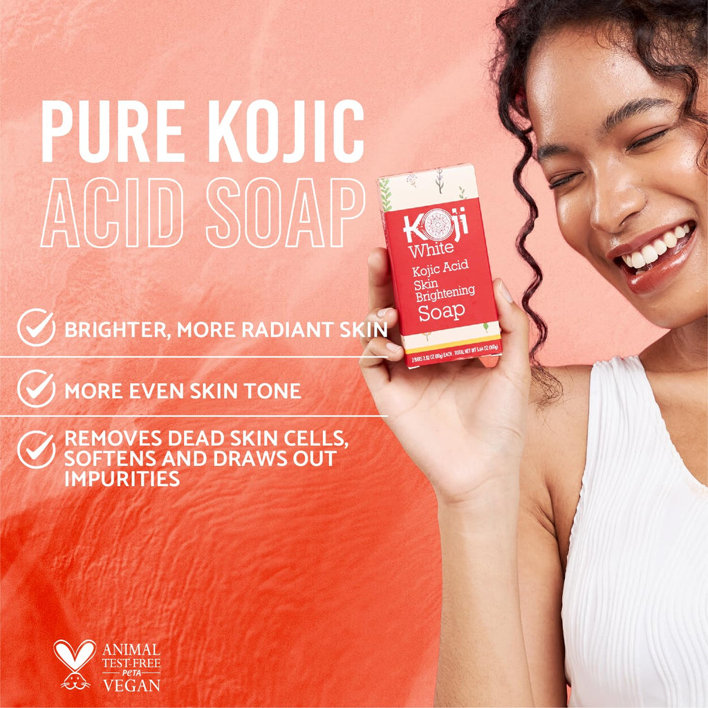 Koji White Pure Kojic Acid Soap | Glycerin Soap Bar for Gentle Skin Brightening and Exfoliation with Tea Tree, Coconut Oil, Hyaluronic Acid & Vitamin C, Vegan, 2.82 oz