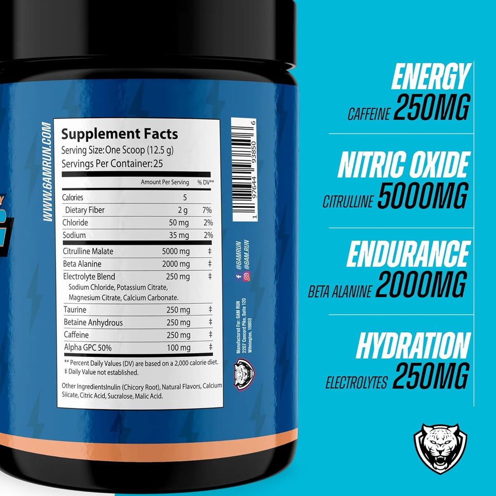 6AM Run Bolt - Pre Workout Powder for Instant Energy Boost for Cardio and Focus - No Jitters, High Energy Conditioning Formula - All Natural, Keto, Vegan (Peach Sensation)