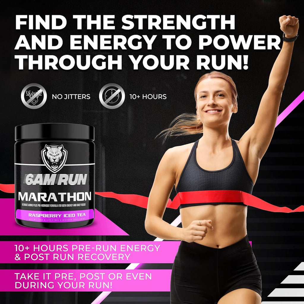 6AM Run Marathon | Running Supplements for Endurance & Stamina | Amino Energy with BCAAs for a Clean Pre Running Fuel | No Jitters | Marathon Essentials | Raspberry Iced Tea | 40 Servings